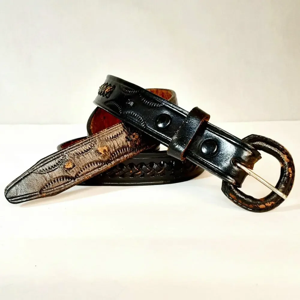 💎Black Genuine Leather Belt Size 32 Braid Lace Inlay Detail Embossed Pattern